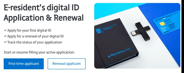 The start page of the e-Residency application of the Police and Border Guard Board, with the First-time applicant and Renewal applicant buttons