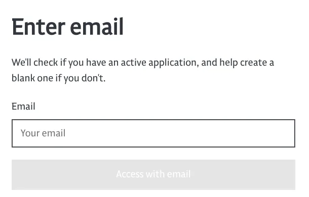 The login page of the application: enter your e-mail address, then Access with email