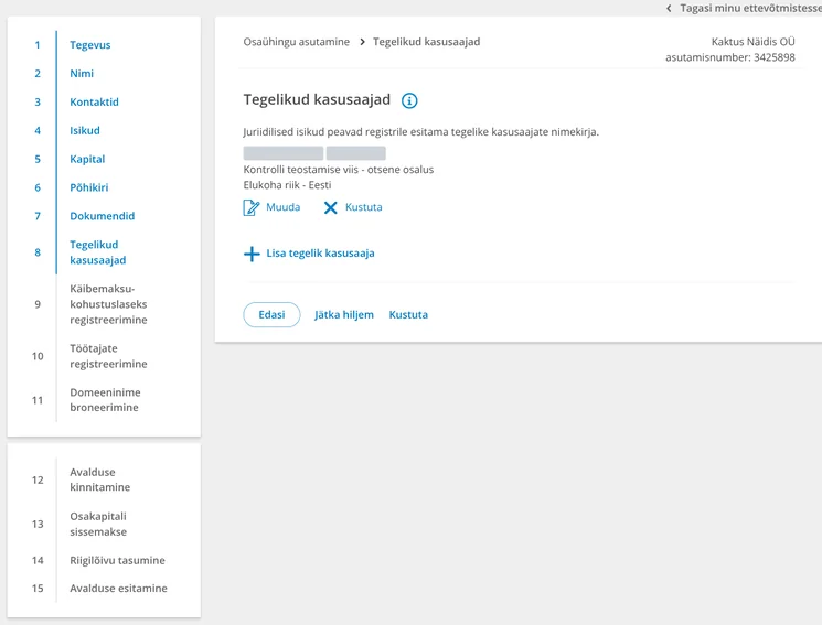 Samm Tegelikud kasusaajad, kus on üks otsese osalusega tegelik kasusaaja, kelle elukohariik on Eesti