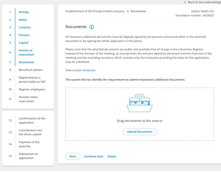 The Documents step: the system found no mandatory additional documents
