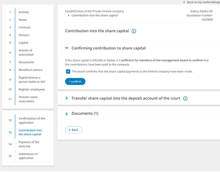 Step 13, Contribution into the share capital: the board confirms that the share capital has been transferred to the company, which is enough up to 50,000 euros