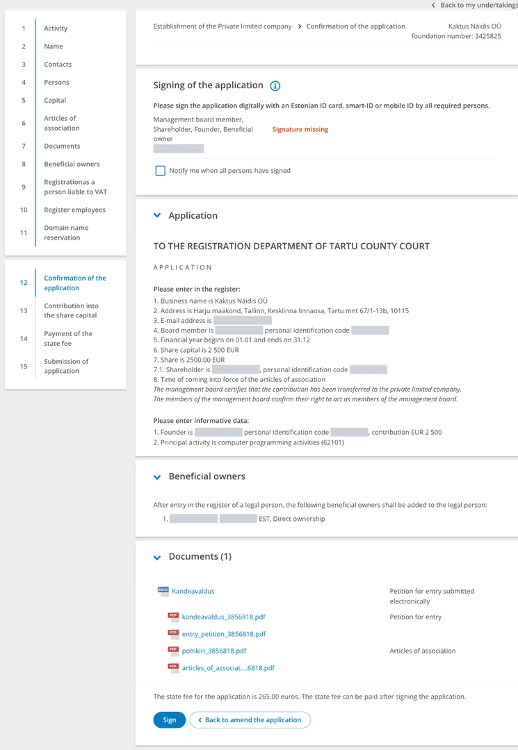 The Confirmation step: the signers with "Signature missing", the text of the application, the beneficial owners, the documents and the state fee of 265 euros